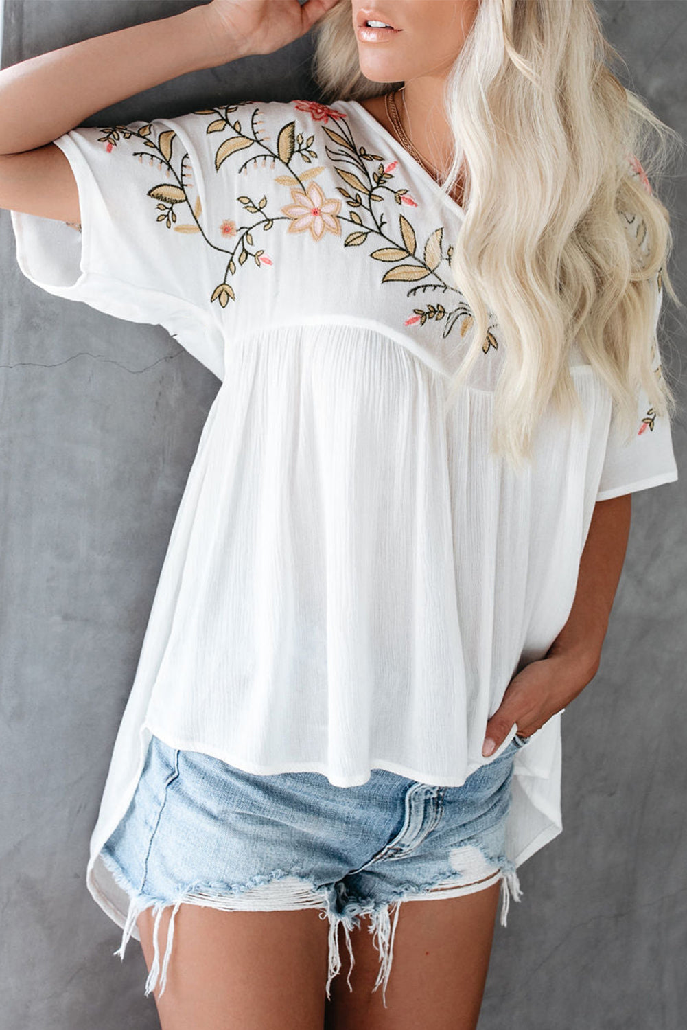 WHITE EMBROIDERED BABYDOLL TOP