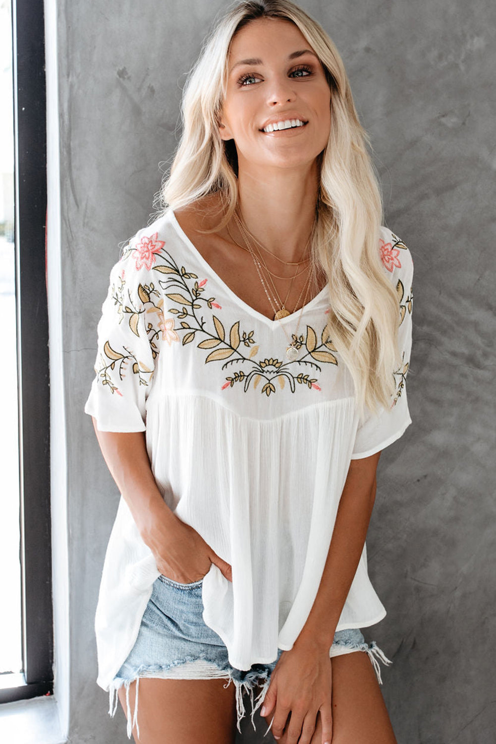 WHITE EMBROIDERED BABYDOLL TOP
