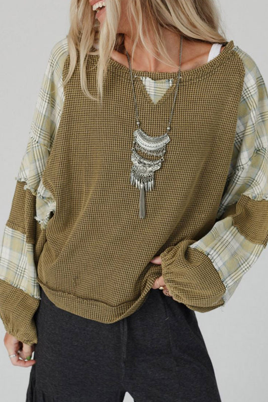 GREEN PLAID AND PATCHED WAFFLE KNIT LONG SLEEVE TOP