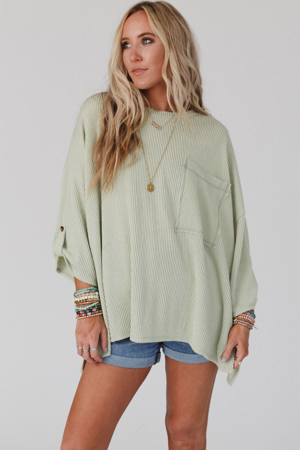 ROLLED SLEEVE RIBBED OVERSIZED TOP