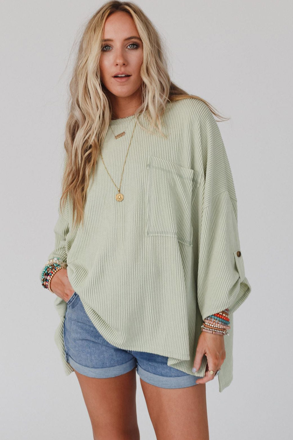 ROLLED SLEEVE RIBBED OVERSIZED TOP