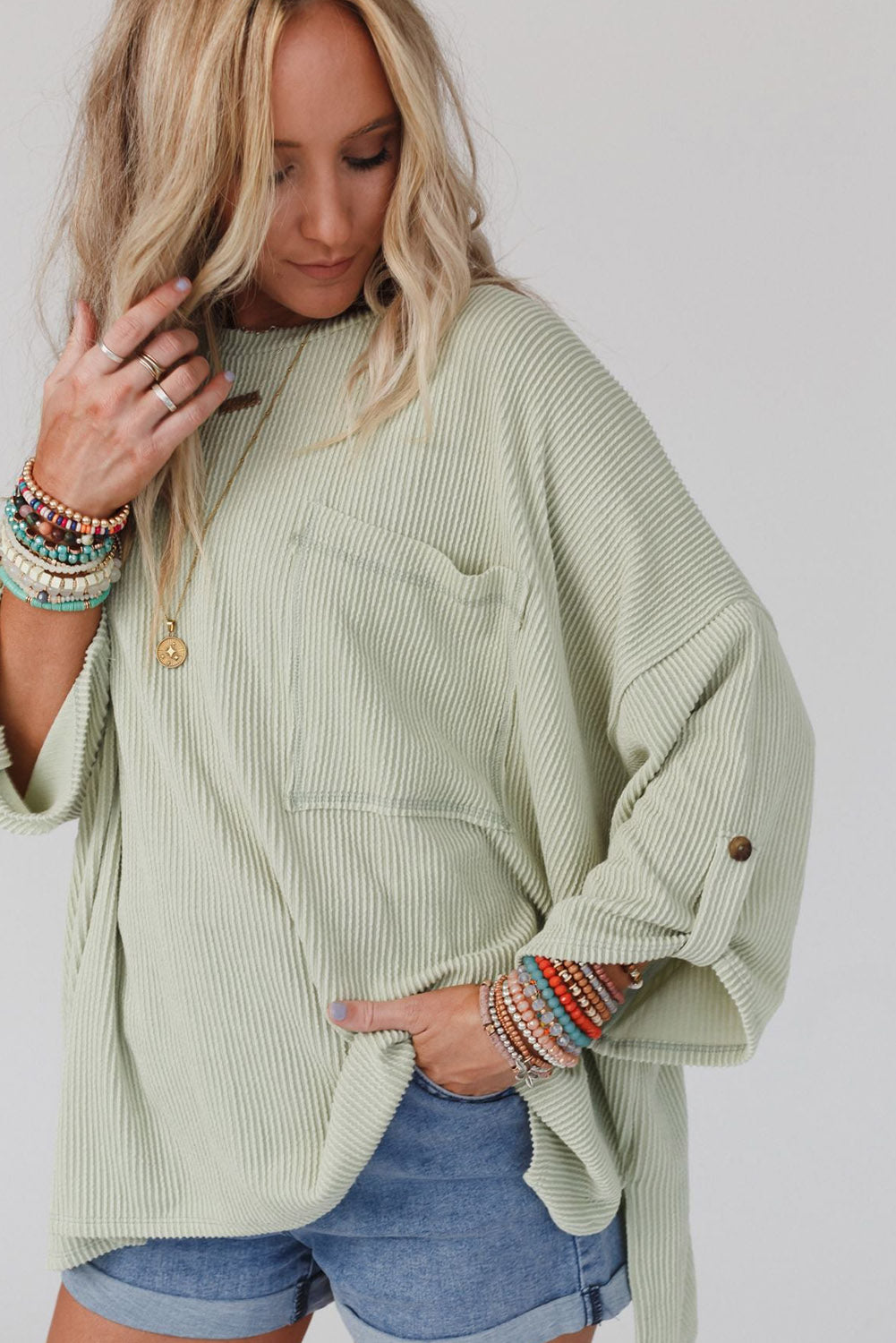ROLLED SLEEVE RIBBED OVERSIZED TOP