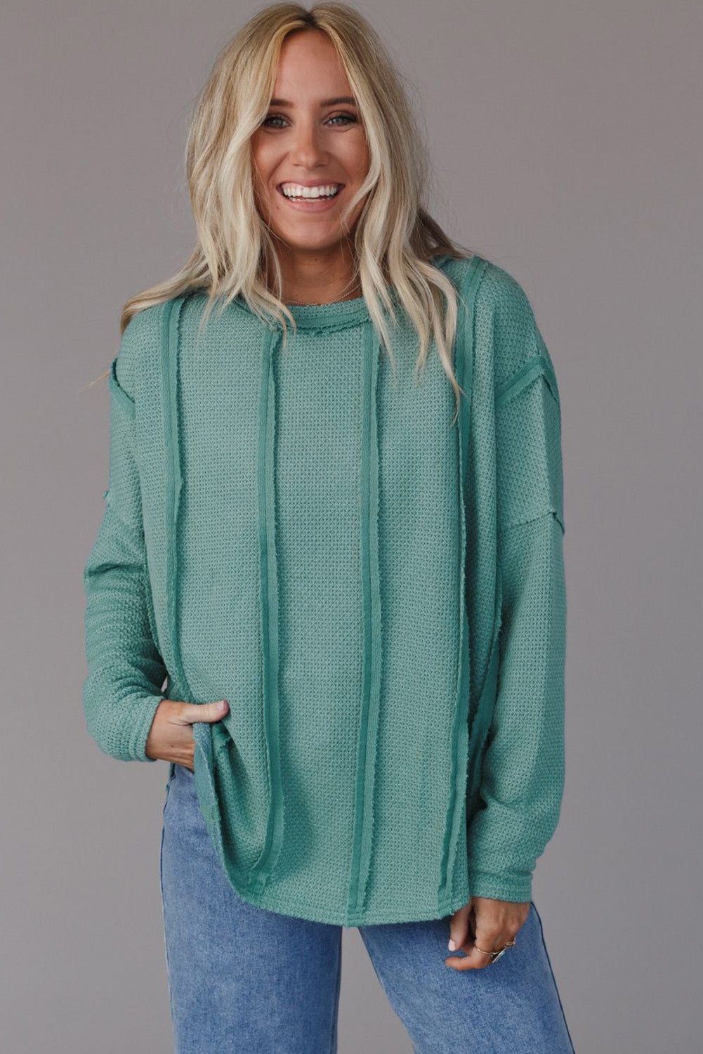 GREEN WAFFLE KNIT TOP