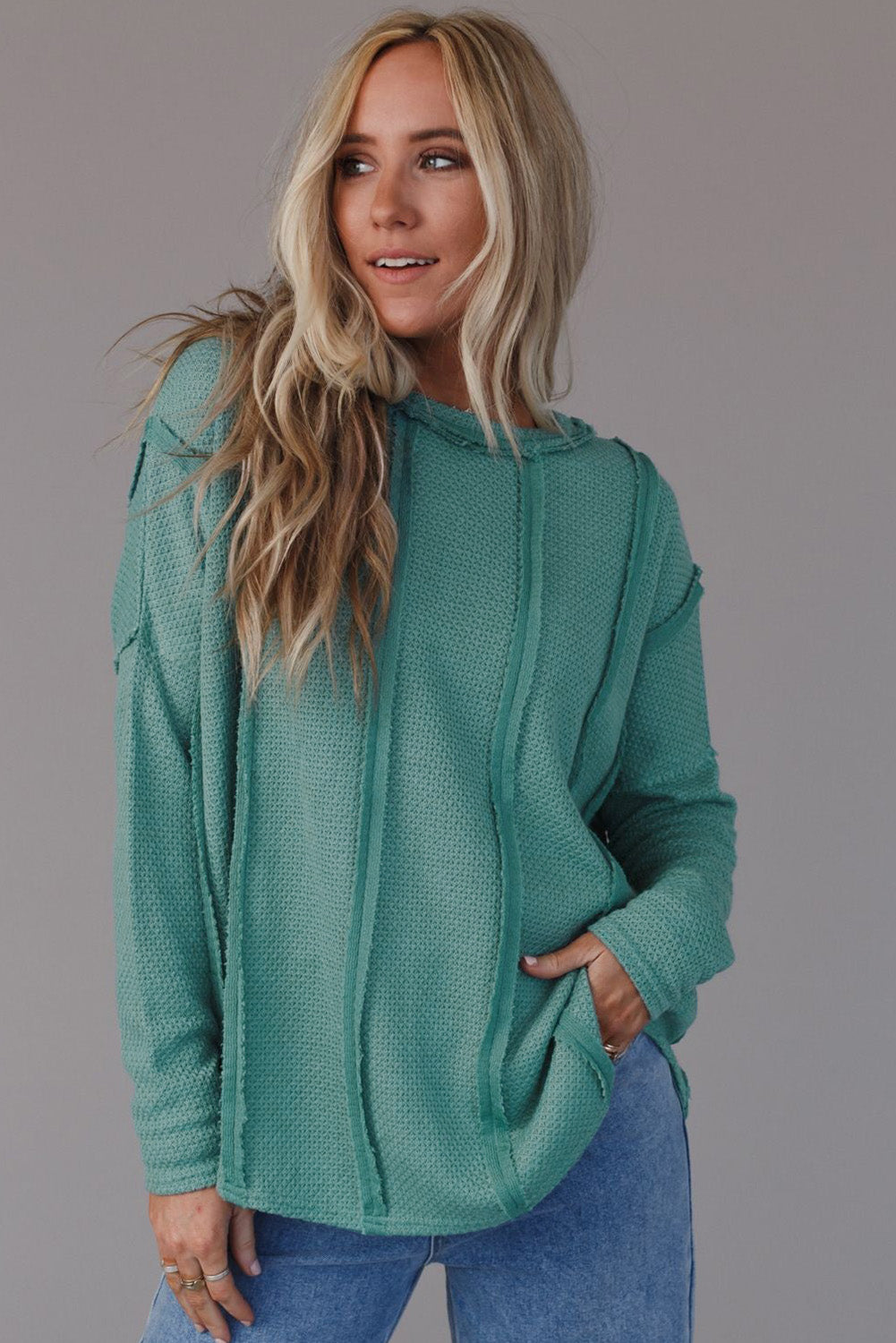 GREEN WAFFLE KNIT TOP