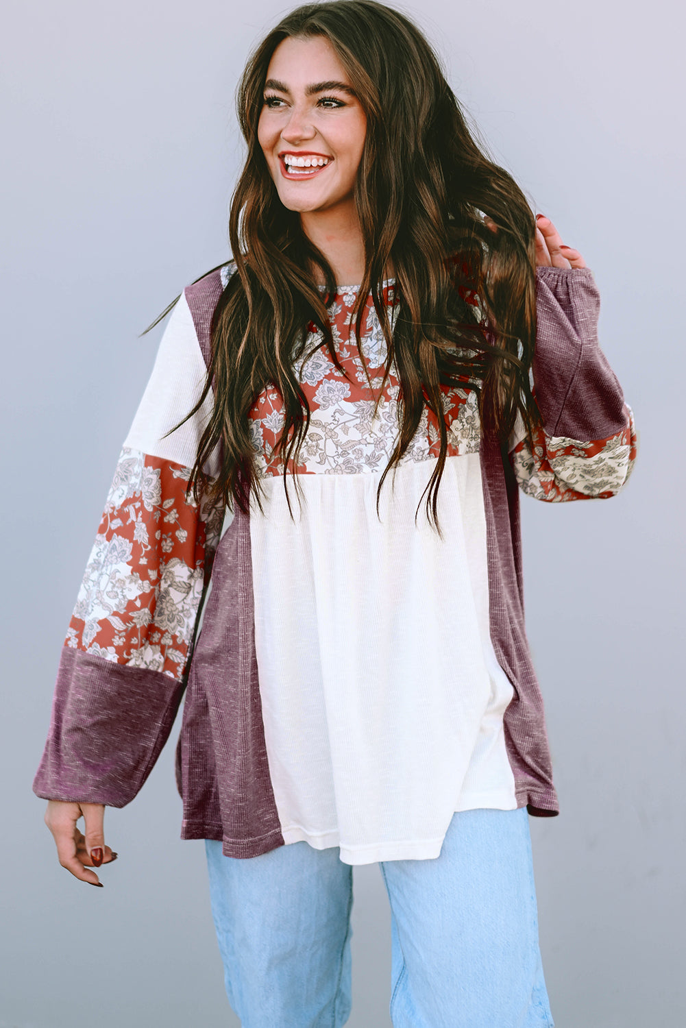 BUBBLE SLEEVE PATCHWORK TOP