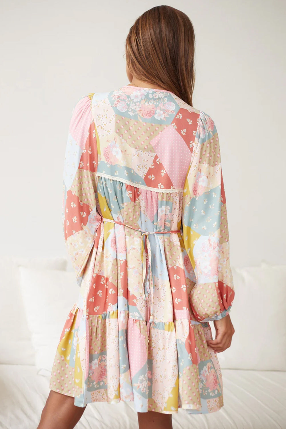 PATCHWORK LONG SLEEVE FLORAL DRESS