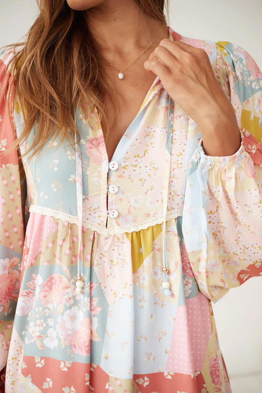 PATCHWORK LONG SLEEVE FLORAL DRESS