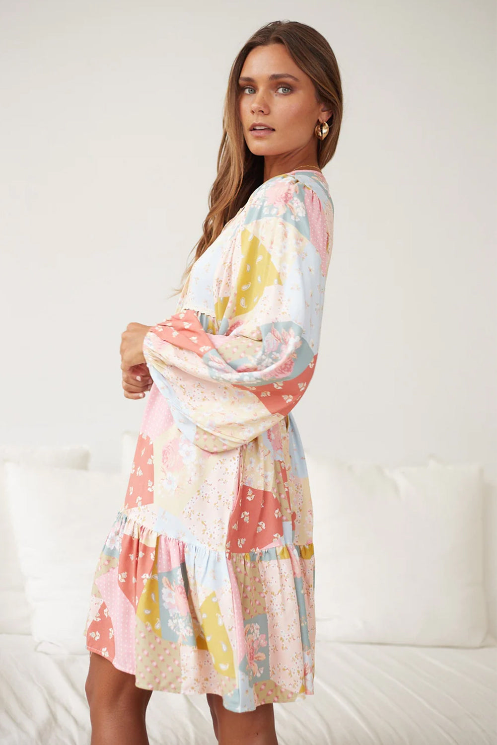 PATCHWORK LONG SLEEVE FLORAL DRESS
