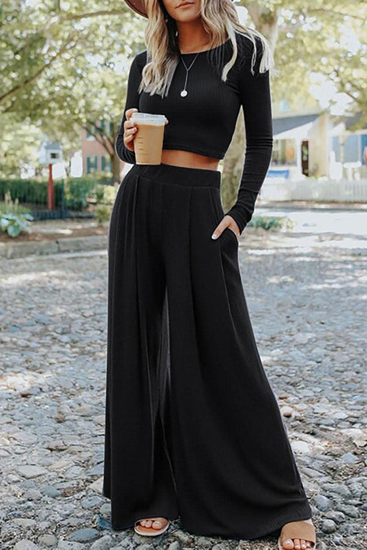 BLACK RIBBED TWO PIECE WIDE LEG SET