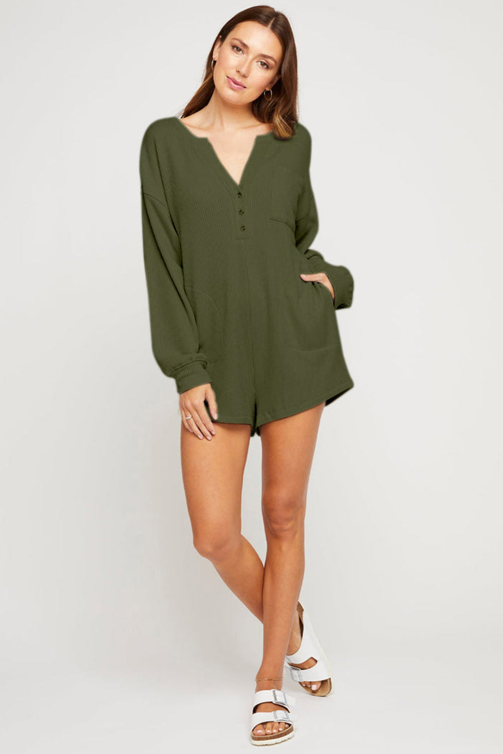 OLIVE BUTTONED ROMPER