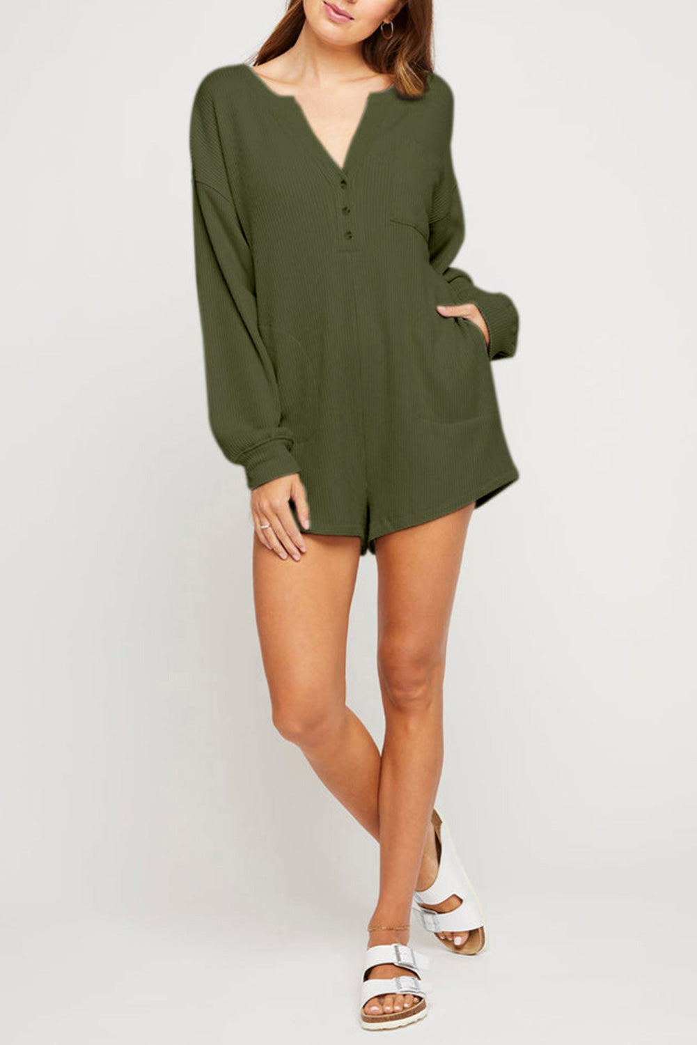 OLIVE BUTTONED ROMPER