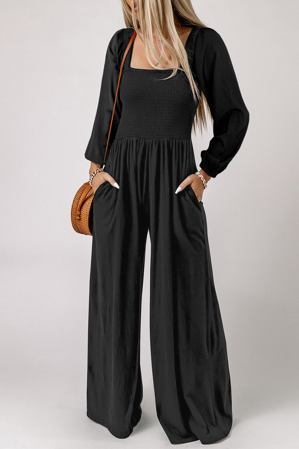 BLACK SMOCKED WIDE LEG JUMPSUIT