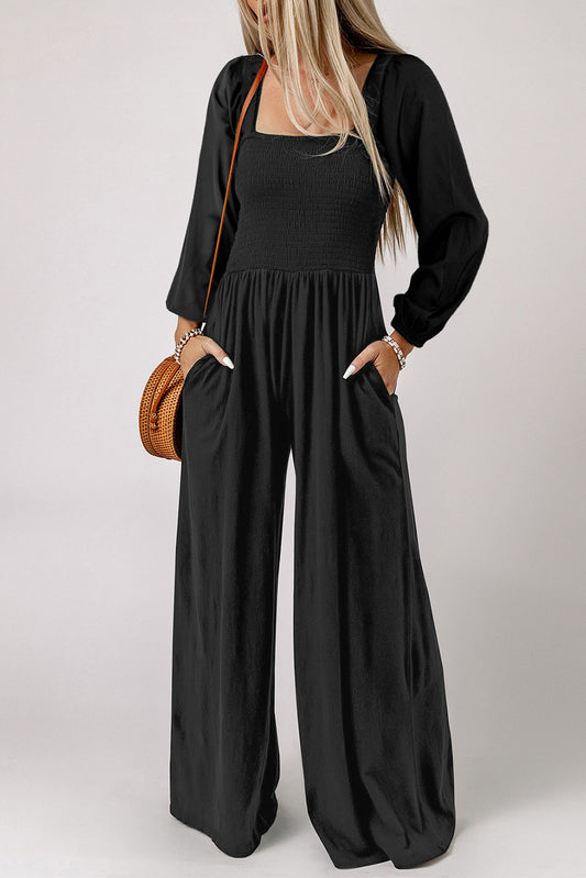 BLACK SMOCKED WIDE LEG JUMPSUIT