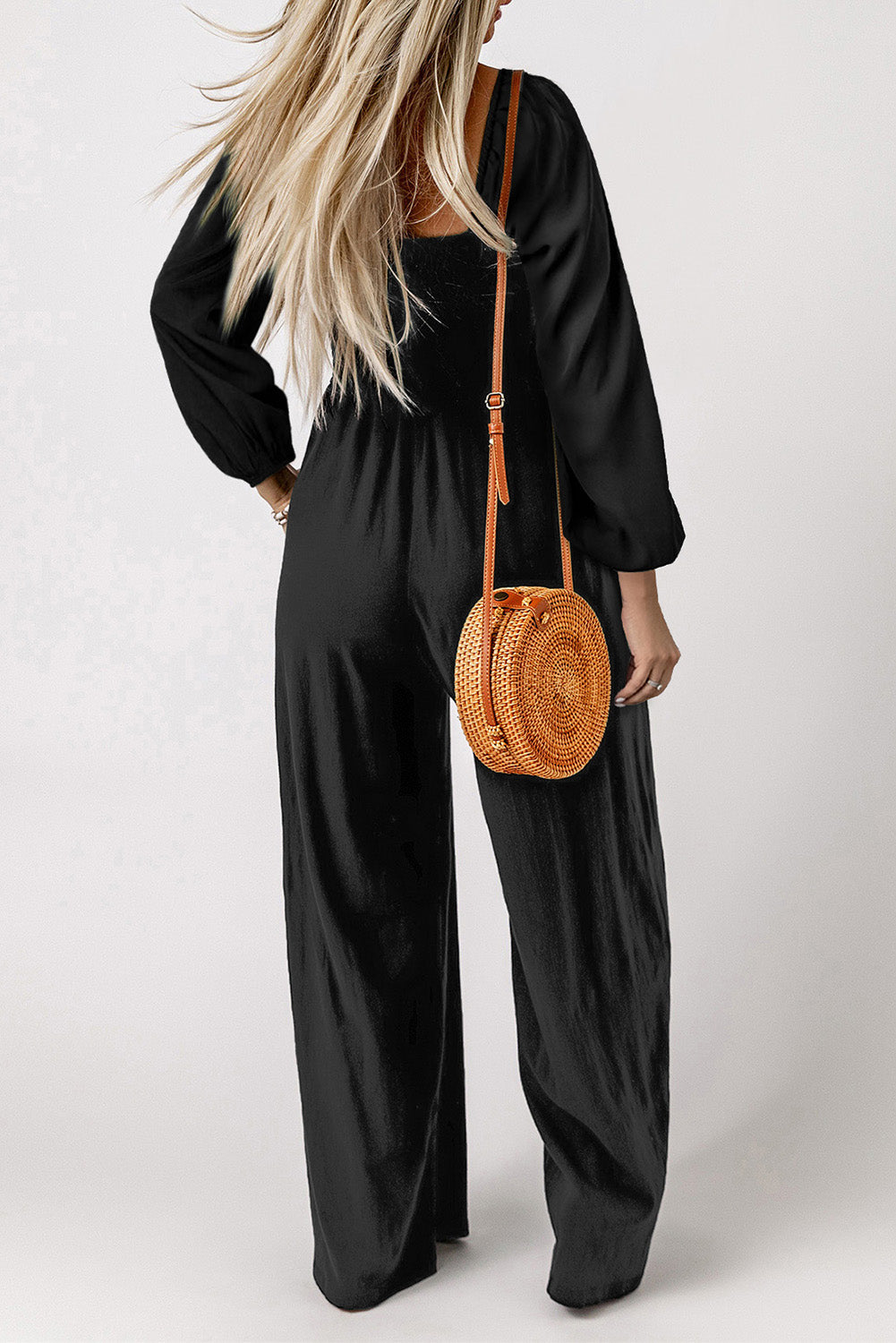 BLACK SMOCKED WIDE LEG JUMPSUIT
