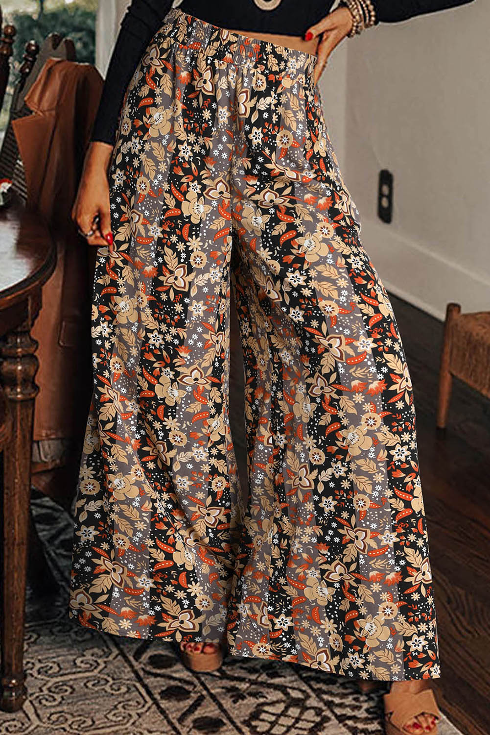 BLACK FLORAL PRINT HIGH WAISTED WIDE LEG PANTS