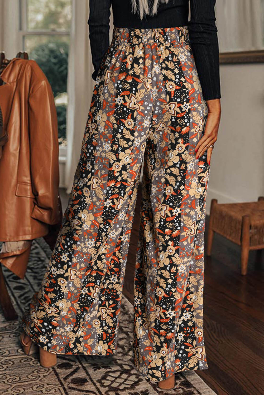 BLACK FLORAL PRINT HIGH WAISTED WIDE LEG PANTS