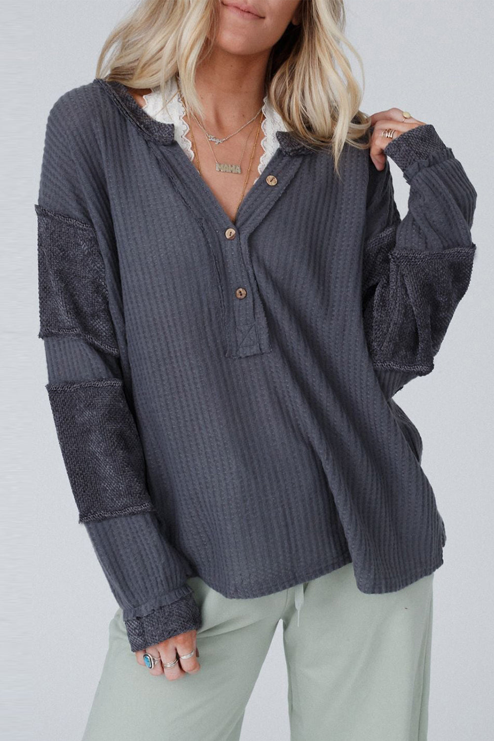 GRAY WAFFLE KNIT PATCH TOP