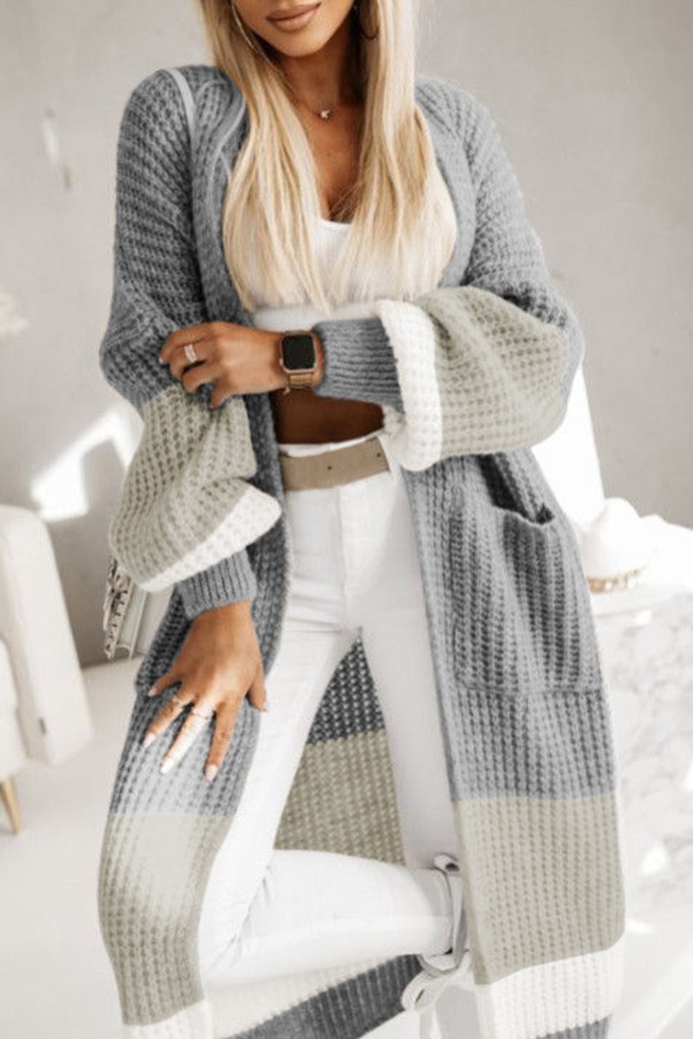 GRAY COLOR BLOCK CABLE KNIT DUSTER