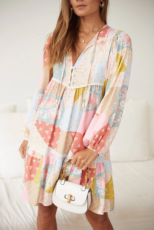 PATCHWORK LONG SLEEVE FLORAL DRESS