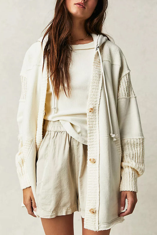 BEIGE BUTTON DOWN HOODED CARDIGAN